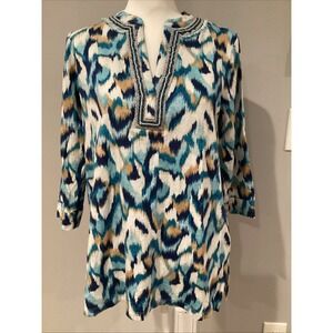 Chico's Women's linen Aqua Ikat Embellished Beaded Top Size‎ 1 Medium